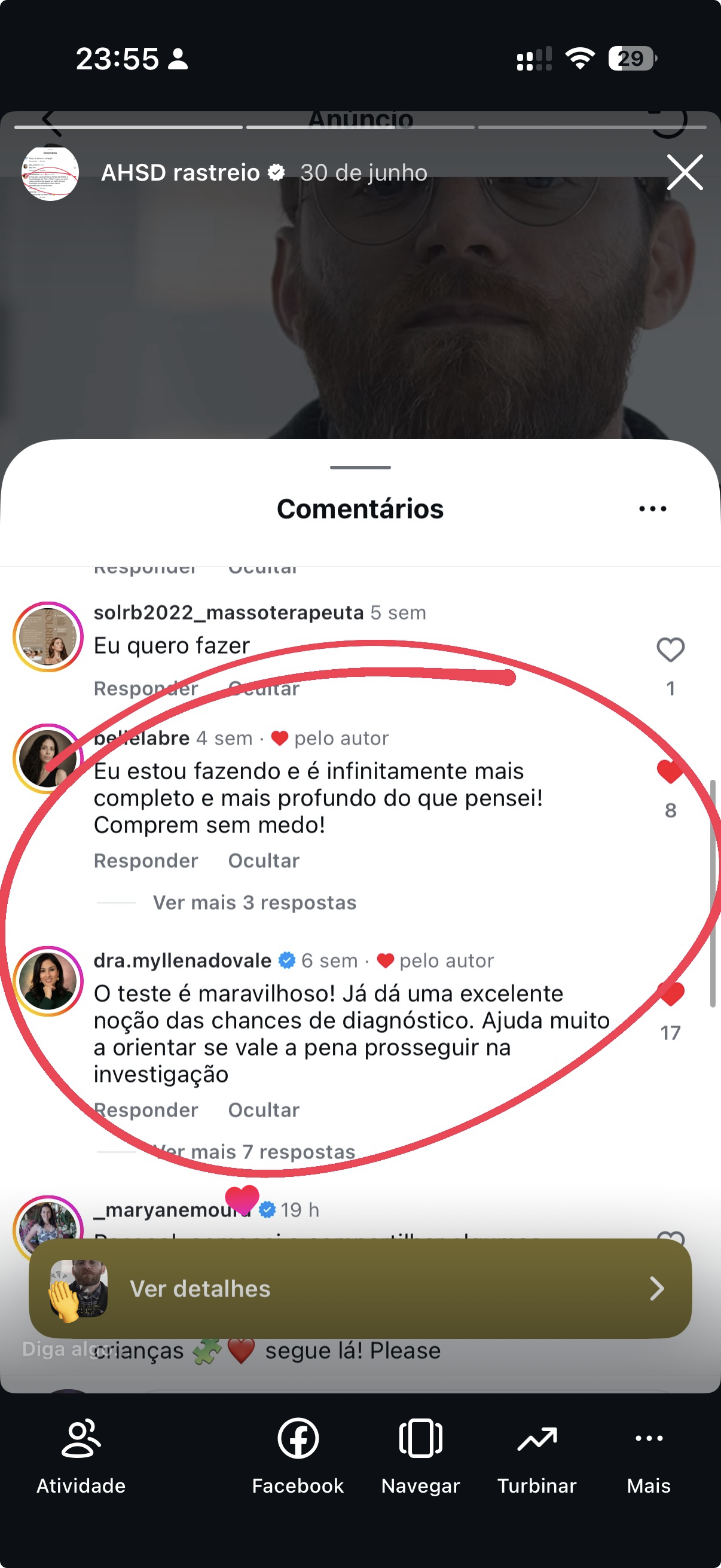 Comentários de bellelabre e dra.myllenadovale sobre o rastreio